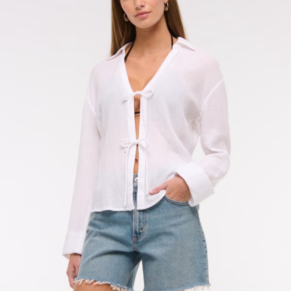 Abercrombie Long-Sleeve Oversized Tie-Front Gauzy Shirt